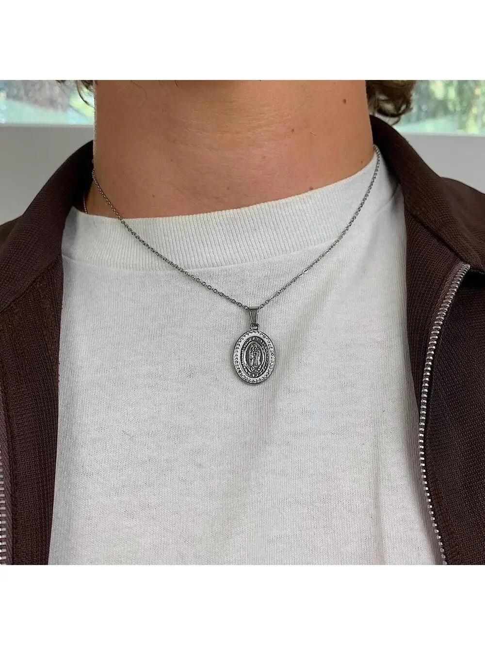 Stainless steel Silver Saint Marry rhinestone pendant y2k 90s style necklace